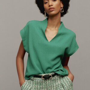 NWT Maeve (Anthropologie) Short-Sleeve Textured Popover Blouse Green, Size M